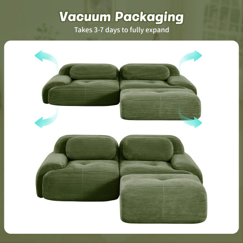 82-Inch Olive Green Corduroy L-Shaped Modular Sectional Sofa Curved Armrest