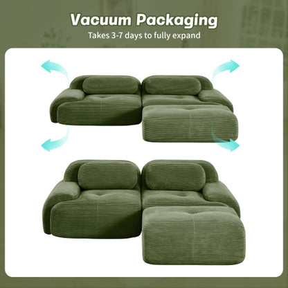 82-Inch Olive Green Corduroy L-Shaped Modular Sectional Sofa Curved Armrest