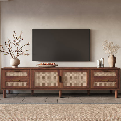 78.7 inch Dark Brown PE Rattan TV Stand 4 Drawers Soft Close Hinges For 85 Inch TV