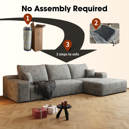 107" Cloud Sectional Couch with L-Shape Chaise,Modern Modular Sofa with Deep Seat, Upholstered Couches for Living Room Bedroom,No Assembly Required, Grey(Plush Corduroy Fabric)