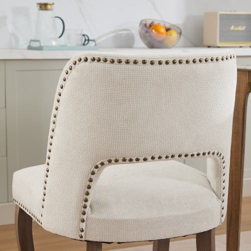 Set of 2 Beige Hollow Curved Enveloping Back Fabric Dining Chairs, Handmade Copper Nail Curved Solid Wood Legs