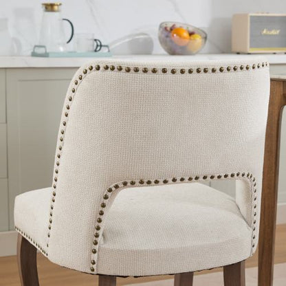Set of 2 Beige Hollow Curved Enveloping Back Fabric Dining Chairs, Handmade Copper Nail Curved Solid Wood Legs
