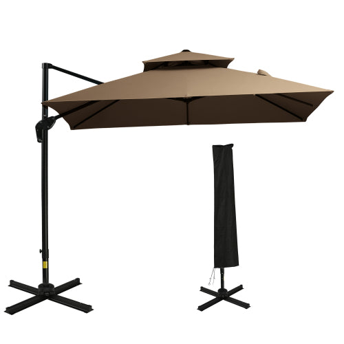 Outsunny 10ft Offset Patio Umbrella with Base, Double Top Hanging Aluminum Cantilever Umbrella with 360-degree Rotation, Easy Tilt, 8 Ribs, Crank, Cross Base, Cover, Strap, Coffee