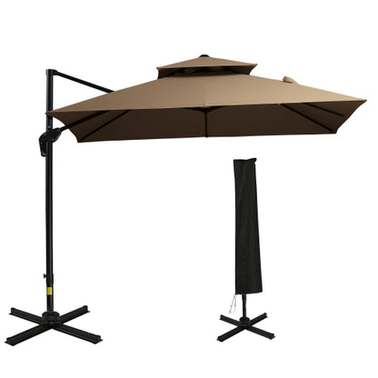 Outsunny 10ft Offset Patio Umbrella with Base, Double Top Hanging Aluminum Cantilever Umbrella with 360-degree Rotation, Easy Tilt, 8 Ribs, Crank, Cross Base, Cover, Strap, Coffee