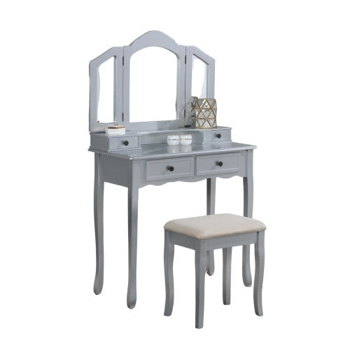 Silver Wood Vanity Makeup Table and Stool Set, 3-Panel Beveled Mirror, 4 Drawers, Brushed Nickel Hardware