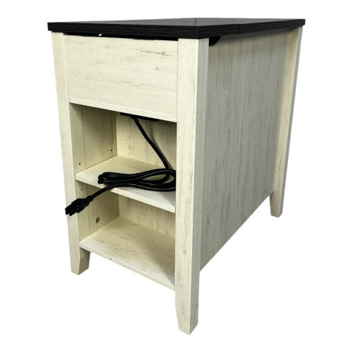 Farmhouse End Table Bedside Table with Charging Station,Night Stand with Barn Door and Drawer, Storage for Bedroom Living Room ,Bedside Table,  White+Black color