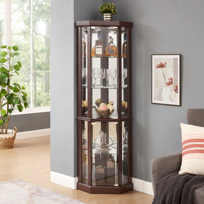Dark Cherry Corner Lighted Glass Display Cabinet Adjustable Shelf Magnetic Closure Home Wine Collectibles Showcase