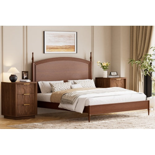 2-Piece Walnut Nightstand Set with 3 Drawers, Modern Bedside Table with Arched Drawer Design