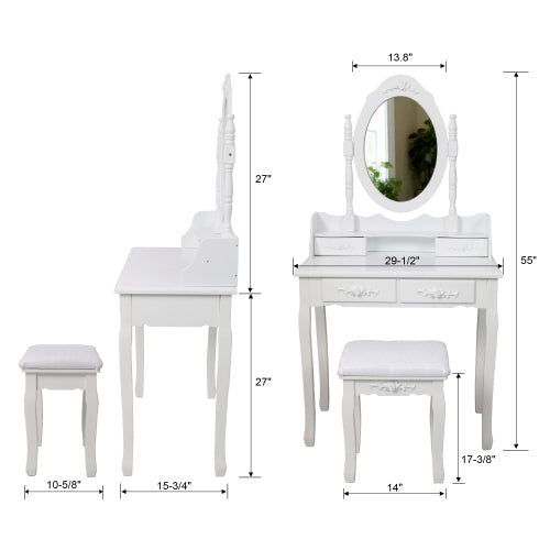 White Princess Vanity Desk Set with Mirror & Cushioned Stool, 4-Drawer Wooden Makeup Vanity Table for Girls' Bedroom, Dressing Table with Ample Storage