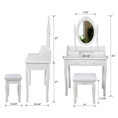 White Princess Vanity Desk Set with Mirror & Cushioned Stool, 4-Drawer Wooden Makeup Vanity Table for Girls' Bedroom, Dressing Table with Ample Storage