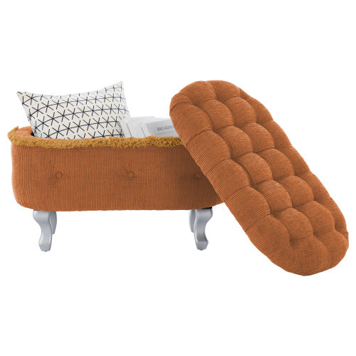 Orange Fringed Button Tufted Storage Ottoman Bench, 29.5 Inch Upholstered End of Bed Bench for Entryway Bedroom