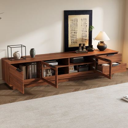 78.74 inch Walnut Fluted Glass Door Legless TV Stand 2 Drawer Media Console Supports Up To 85 inch TV