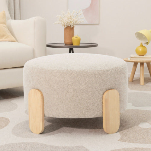 24.8 inch Round Soft Fabric Ottoman, Natural Wood Leg Multifunctional Footrest Extra Seat for Home Office