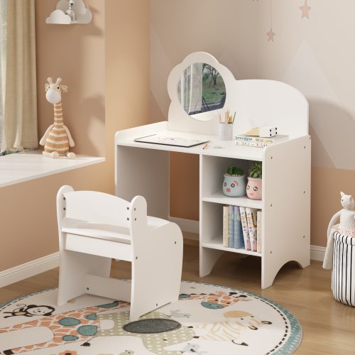 Kids Vanity Table with Mirror and Chair, Wooden Children's Dressing Makeup Desk with Storage Shelves, Playroom Bedroom, White