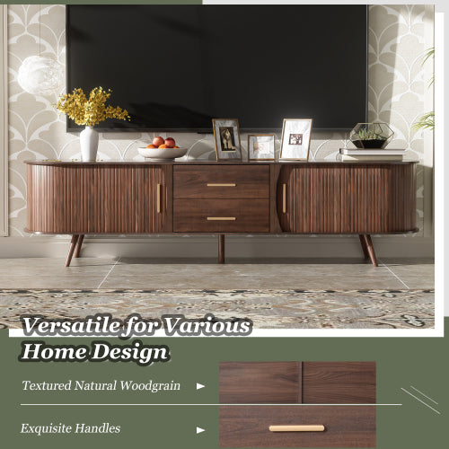 70.8 Inch Dark Brown Mid-Century Sliding Door TV Stand Solid Wood Leg Media Console Fits 80 Inch TV