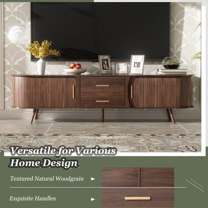 70.8 Inch Dark Brown Mid-Century Sliding Door TV Stand Solid Wood Leg Media Console Fits 80 Inch TV
