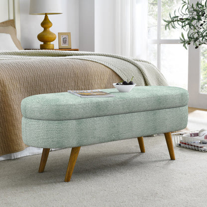 Ottoman Oval Storage Bench,Rubber Wood Legs, Gray (43.5inch x16inch x16inch ) Cyan