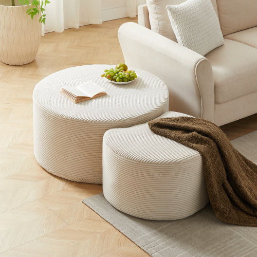 Nesting Coffee Table Set of 2 Upholstered Round Foam Ottoman Side Tables No Assembly