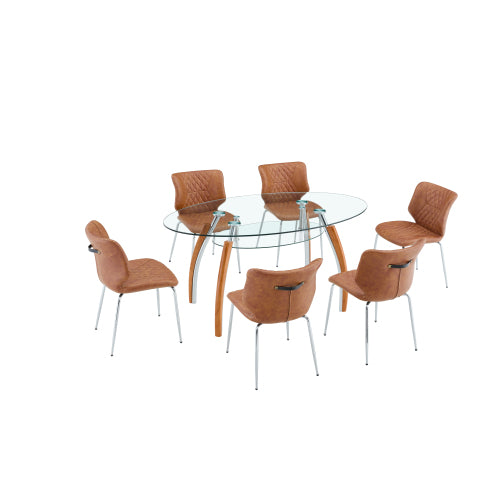 Dining Chairs Set of 4, Brown PU Leather Diamond Tufted Chairs, Electroplated Metal Legs