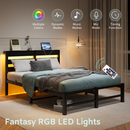 Full Size Metal Bed Frame with Wooden Headboard, RGB Lights, Outlets & Charger, Storage Shelf, Noise-Free, No Box Spring Needed