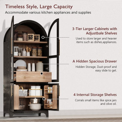 71inch  Arched Farmhouse Pantry Cabinet with Glass Doors Black