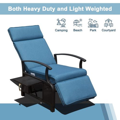 Adjustable Patio Recliner Chair Metal Outdoor Lounge Chair with Flip Table Push Back, Adjustable Angle, Removable Cushions, Support 350lbs, Navy Blue