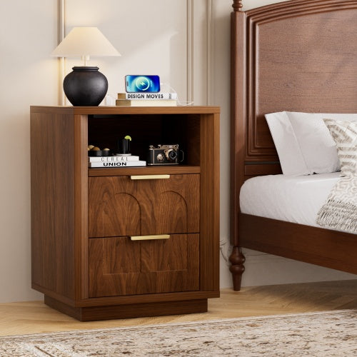 Walnut 2-Pack Nightstands with Charging Station