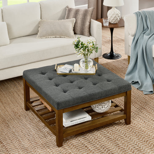 33.5 inch Dark Gray Tufted Linen Square Ottoman Coffee Table, Beech Wood Frame Storage Footrest Ottoman