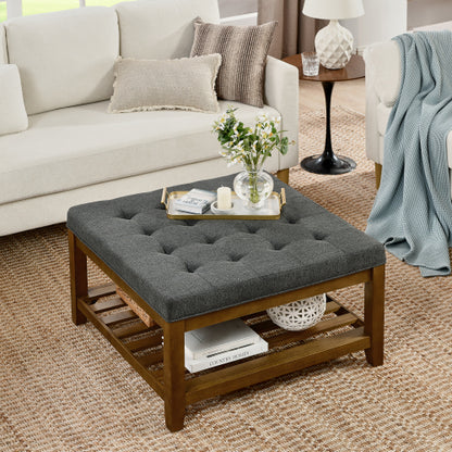 33.5 inch Dark Gray Tufted Linen Square Ottoman Coffee Table, Beech Wood Frame Storage Footrest Ottoman
