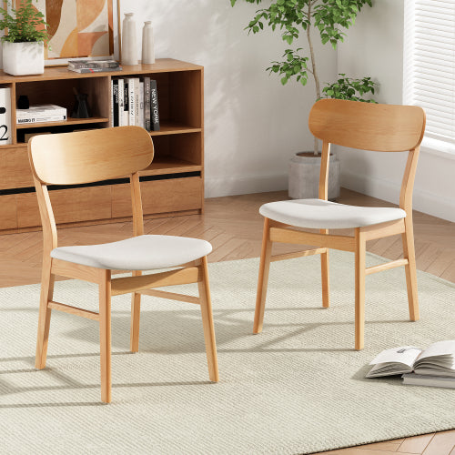 Set of 2 Minimalist Light Beige Fabric Dining Chairs, Natural Oak Finish Solid Rubberwood Legs