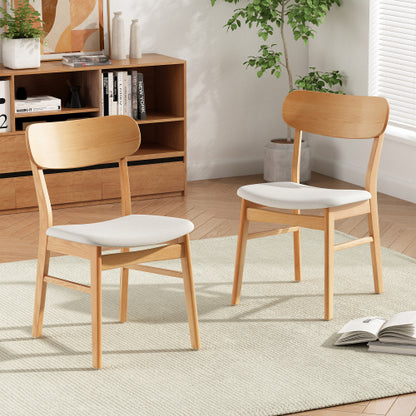 Set of 2 Minimalist Light Beige Fabric Dining Chairs, Natural Oak Finish Solid Rubberwood Legs