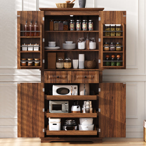 71inch  Farmhouse Kitchen Pantry Cabinet with Pull-Out Shelves Brown