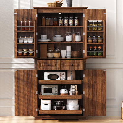 71inch  Farmhouse Kitchen Pantry Cabinet with Pull-Out Shelves Brown