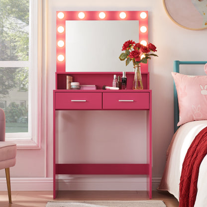 Rose Pink Vanity Desk with Mirror & Lights, 11 LED Bulbs, 2 Large Drawers, 2-Level Storage, 3 Lighting Modes