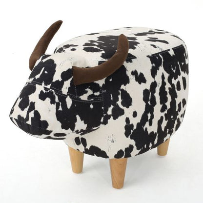 Black & White Cow Shaped Animal Ottoman, Fabric Footstool with Velvet Horns & Natural Birch Legs for Indoor & Outdoor Decor