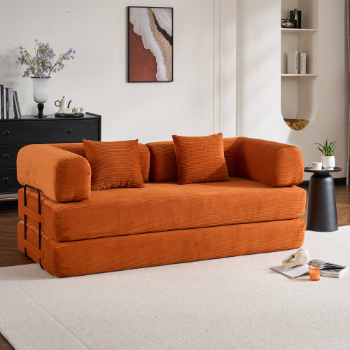 Orange Corduroy Convertible SofaBed with FixedShape Reinforced Metal Frame