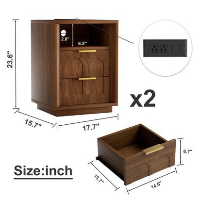 Walnut 2-Pack Nightstands with Charging Station