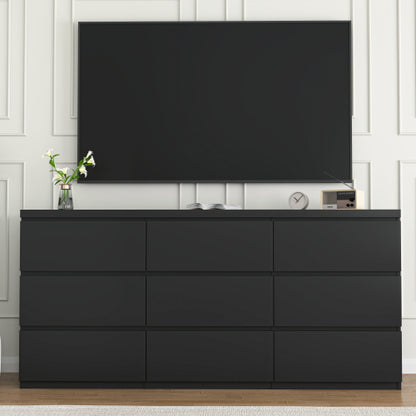 9 Drawer Dresser with No Handle Design, Modern Black Matte Wood Dresser for Bedroom, Storage Chest of Drawers for Living Room, Hallway, Entryway