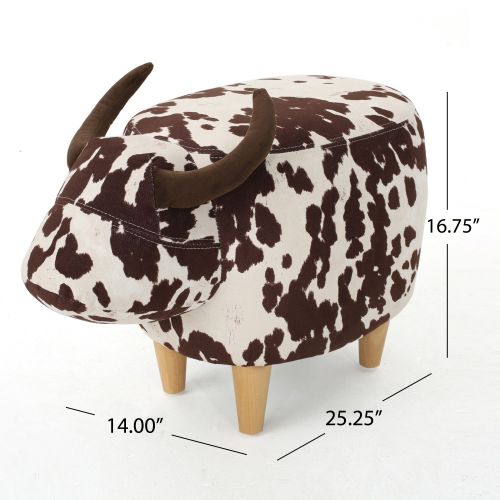 Brown & White Cow Shaped Animal Ottoman, Fabric Accent Footstool with Velvet Horns and Birch Wood Legs for Home Decor