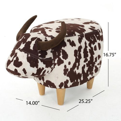 Brown & White Cow Shaped Animal Ottoman, Fabric Accent Footstool with Velvet Horns and Birch Wood Legs for Home Decor