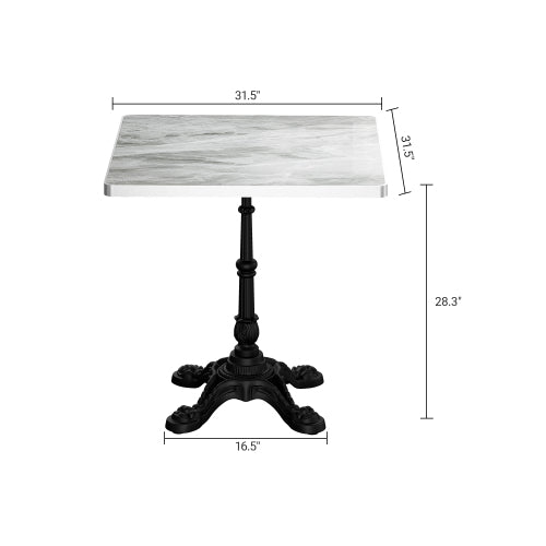 Marble-Look Sintered Stone Square Table - Heavy-Duty Cast Iron Base for Bistro, Cafe, Bar & Home Use