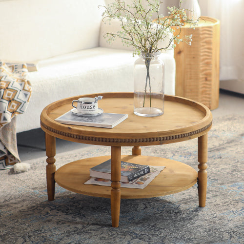 31.3inch  Round Boho 2-Tier Coffee Table, Beaded Trim & Curved Solid Wood Legs, Rustic Accent Table