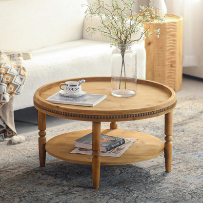 31.3inch  Round Boho 2-Tier Coffee Table, Beaded Trim & Curved Solid Wood Legs, Rustic Accent Table