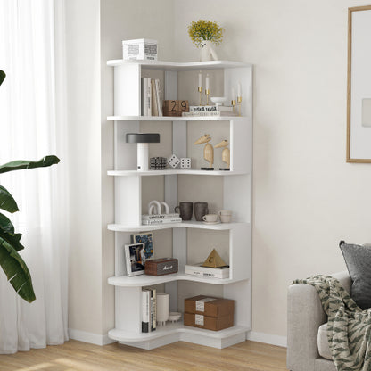 white 5-Tier L-Shaped Corner Bookshelf Freestanding Open Storage Shelf Home Office Space-Saving Display Rack