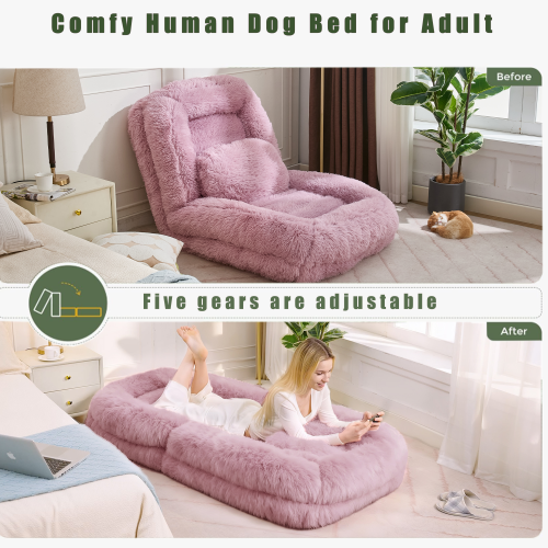 Pink Plush Faux-Fur Human Dog Bed 5-Position Adjustable Convertible Floor Gaming Sofa-Bed