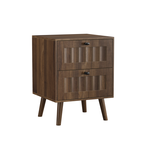 2-Pack Walnut Medieval Retro Nightstand, 2 Drawers with Solid Wood Legs & Silent Slides