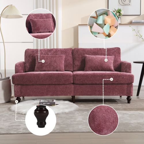 Mid-Century Modern Wine-Red Chenille 2-Seat Loveseat, Wood Legs
