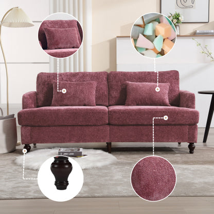 Mid-Century Modern Wine-Red Chenille 2-Seat Loveseat, Wood Legs