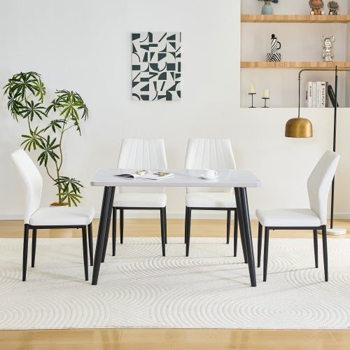 5-Piece White Tempered Glass Dining Set, Marble Texture Table with 4 PU Shell Pattern Dining Chairs