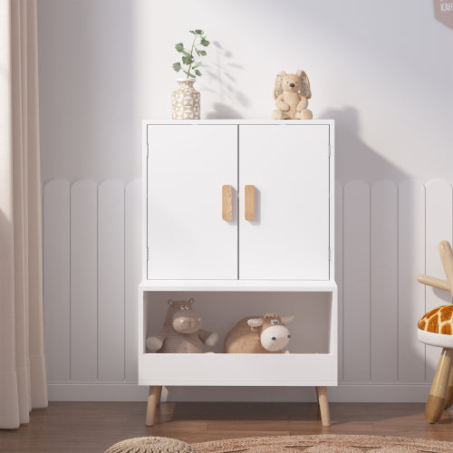 Kids Toy Storage Cabinet with Doors and Open Shelf White